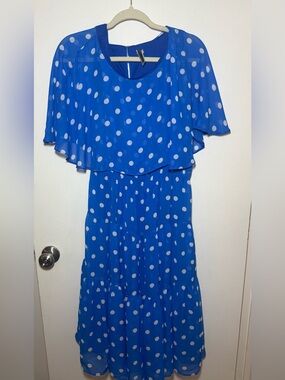 Julian Taylor Blue White Polka Dot Chiffon Layered A-Line Midi Dress Size 14